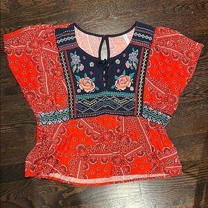 Floral Bandana Embroidered Red Women's Top
